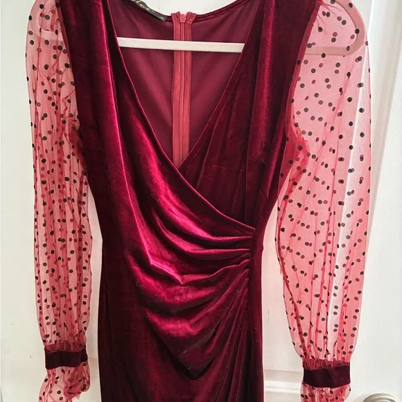 Velvet Wrap Burgundy Cocktail Dress with Sheer Polka Dot Sleeves - Picture 3 of 5
